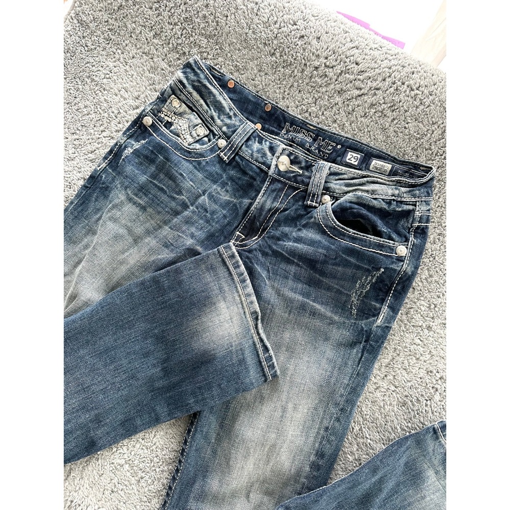 Miss Me jeans Denim womens 29 straight low rise raw hem ankle rhinestone